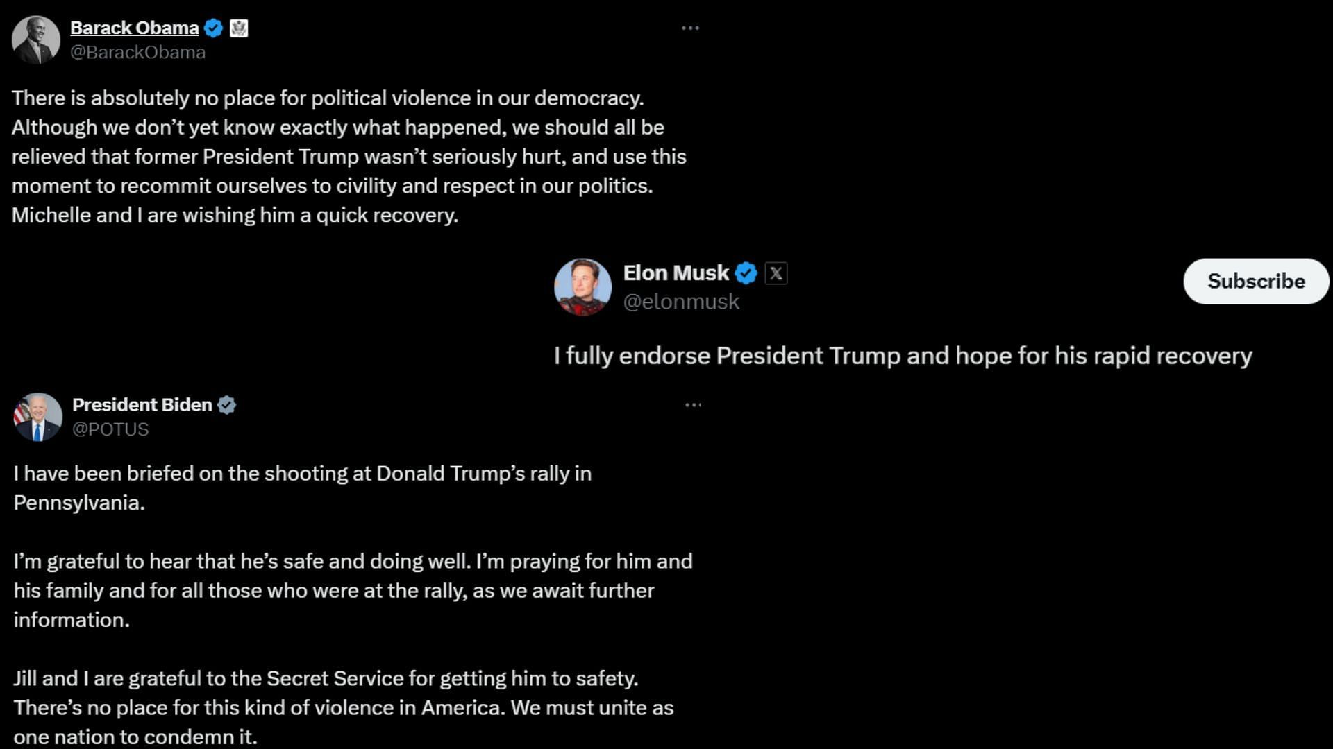 Screenshot of President Joe Biden, Obama, and Elon Musk's reactions to Donald Trump's assassination attempt